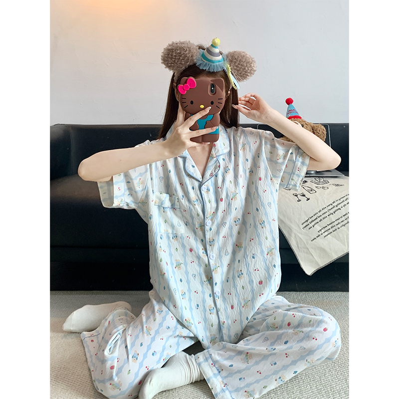 Summer Cloud Cotton Collar Homewear Women Short Sleeve Shorts 2 Pcs Br photo 7 (style 17)