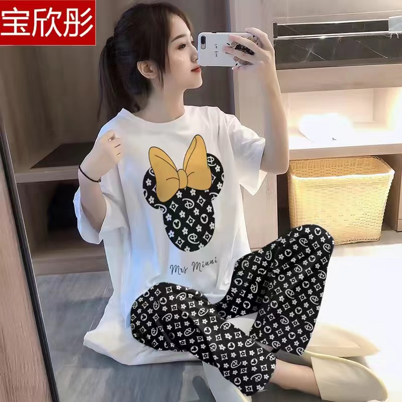 Summer Cotton Homewear Women Short Sleeve Shorts 2 Pcs Breathable Comf photo 3 (style 2000205610)
