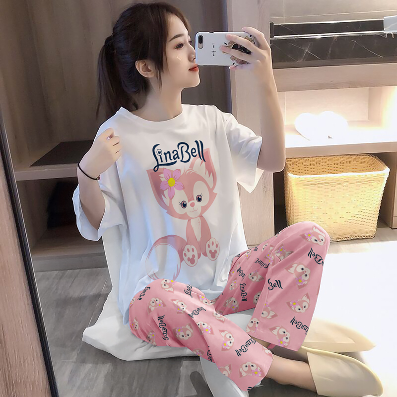 Summer Cotton Homewear Women Short Sleeve Shorts 2 Pcs Breathable Comf photo 4 (style 2000205610)