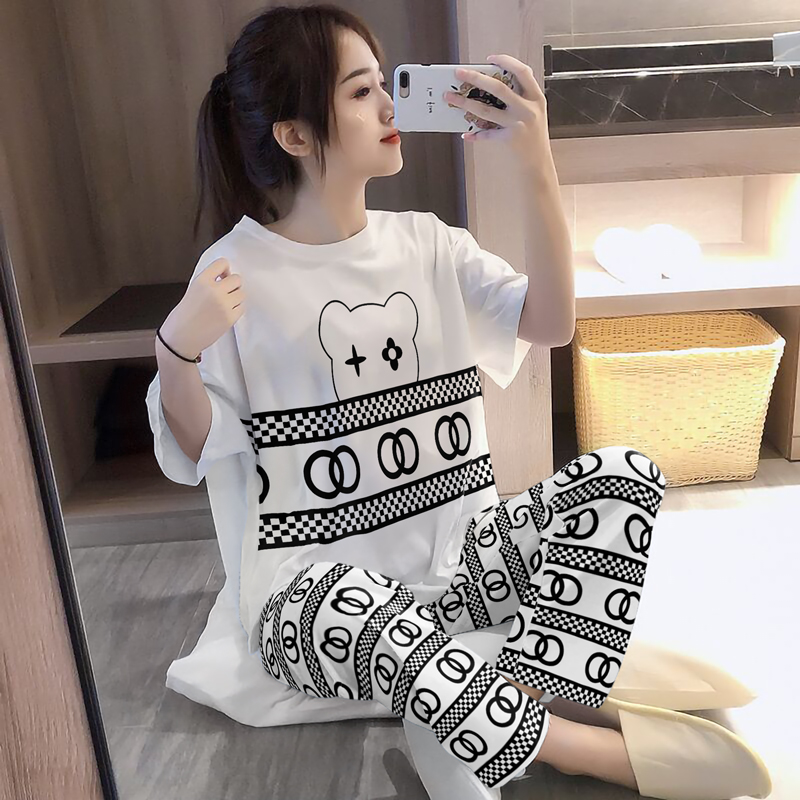 Summer Cotton Homewear Women Short Sleeve Shorts 2 Pcs Breathable Comf photo 5 (style 2000205610)