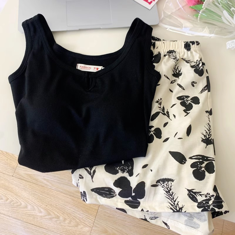 Summer Cotton With Pads Vest Homewear Women Short Sleeve Shorts 2 Pcs Breathable Wholesale