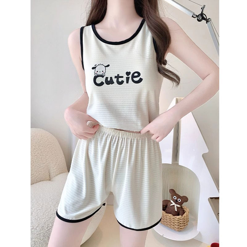 Summer Cotton Vest Homewear Women Short Sleeve Shorts 2 Pcs Breathable photo 3 (style 13)